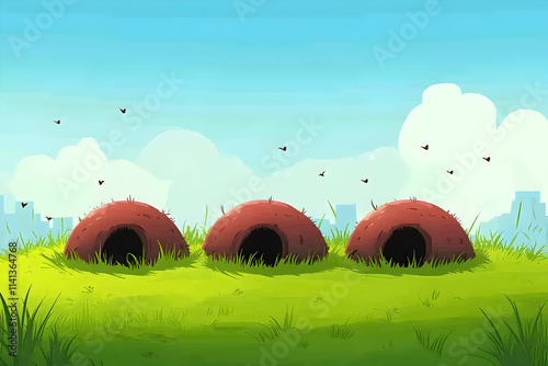 Ant hills, city skyline background, nature illustration. photo