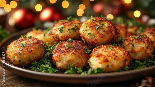 A vibrant table setup with perfectly cooked latkes, fresh herbs, and bright dreidels, showcased on a rich golden backdrop that radiates Hanukkah cheer. photo