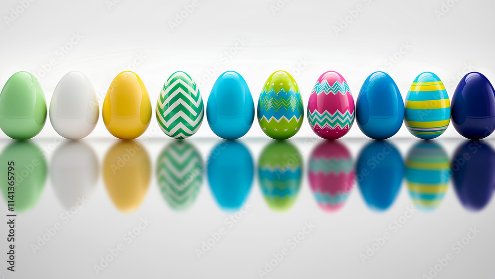 Fototapeta premium A neat line of colorful easter eggs are evenly spaced on a white background.