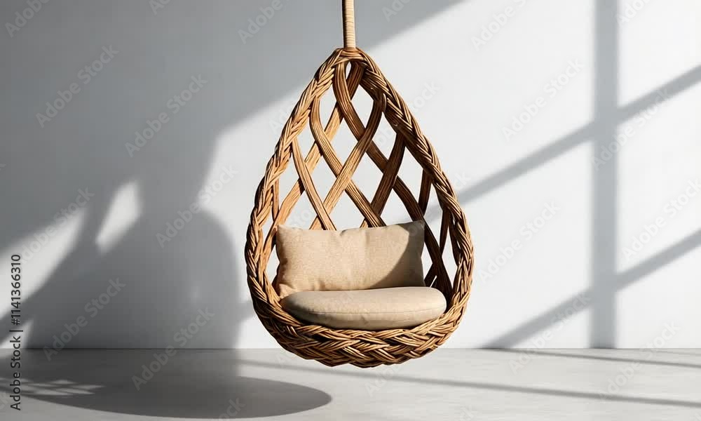 A hanging wicker chair with a cushion, designed for relaxation and aesthetic appeal.