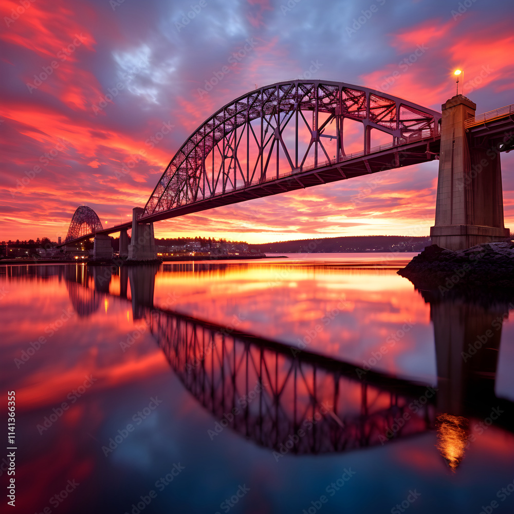Naklejka premium Dusk over River: A Panoramic Perspective of Architectural Mastery and Vibrant Skies