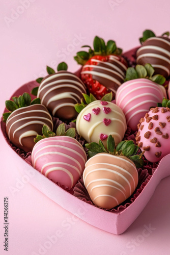 Delicious chocolate covered strawberries in heart shaped box