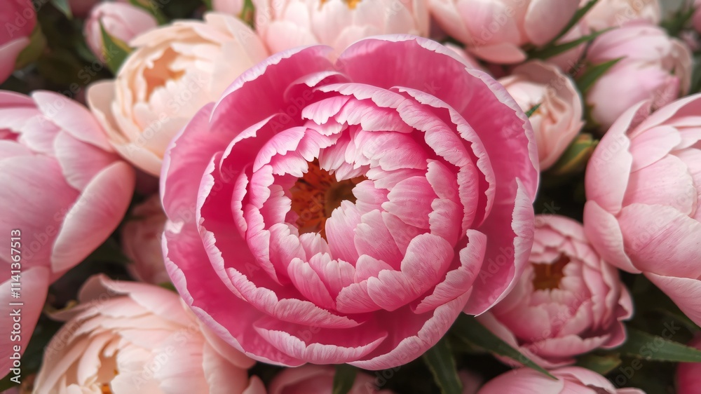 Beautiful pink peonies bloom in a garden during spring, showcasing their delicate petals and vibrant colors Beautiful pink peonies bloom in a garden during spring, showcasing their delicate petals and vibrant colors