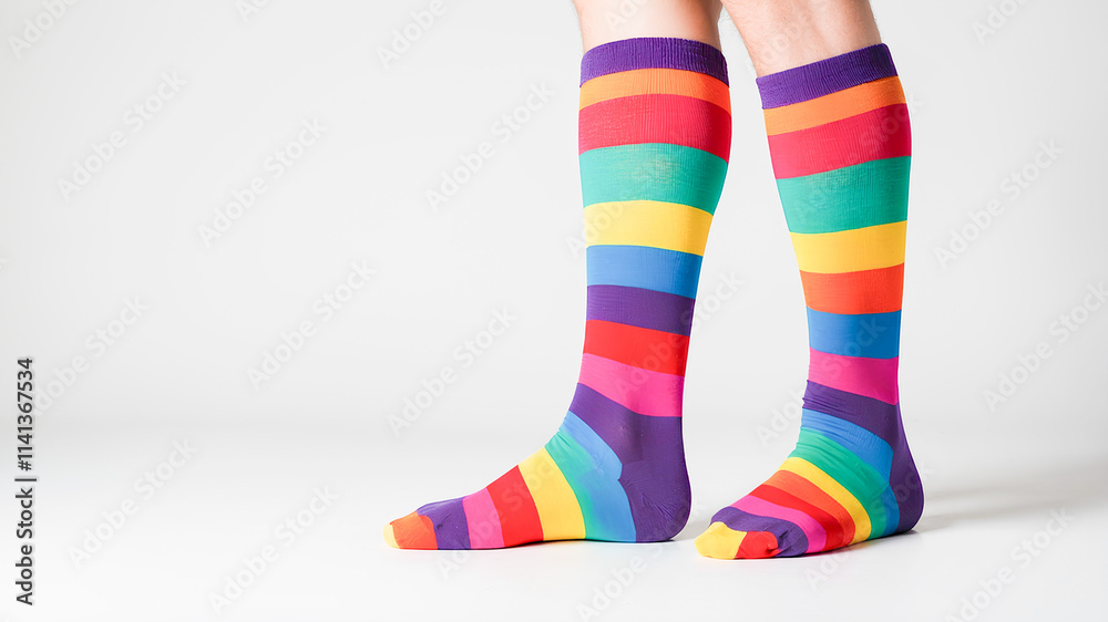 AI Generate image of legs wearing bright rainbow striped knee high socks on white background
AI Generate image of legs wearing bright rainbow striped knee high socks on white background