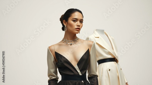 Model showcases elegant fashion design during a runway presentation highlighting sophisticated styles and detailed craftsmanship