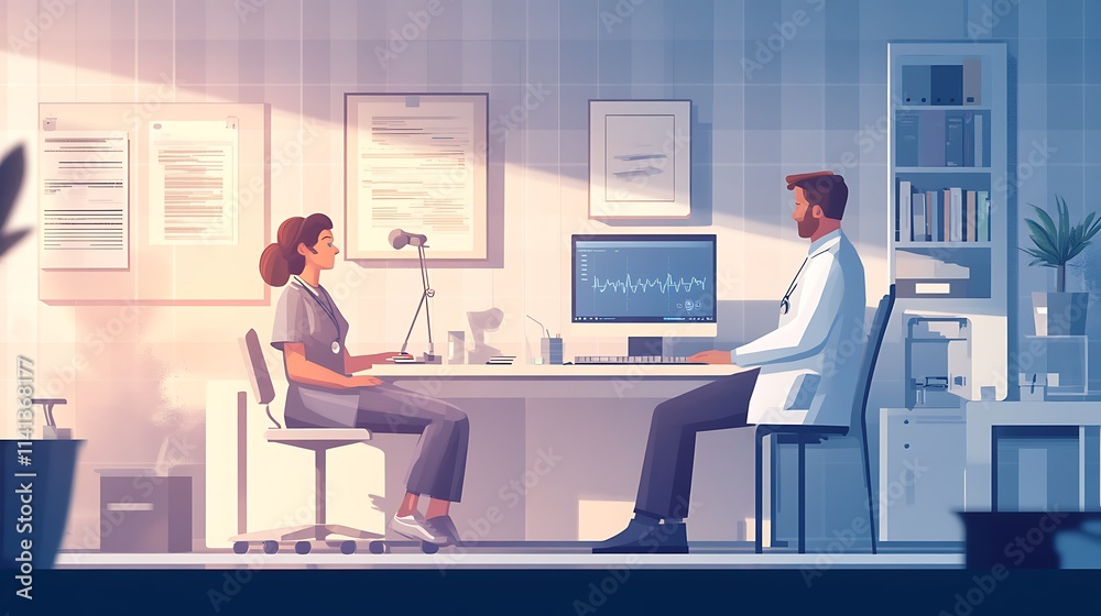 A patient in a clinic receiving a consultation while a healthcare provider ensures the privacy of their medical records displayed on a computer screen A patient in a clinic receiving a consultation while a healthcare provider ensures the privacy of their medical records displayed on a computer screen