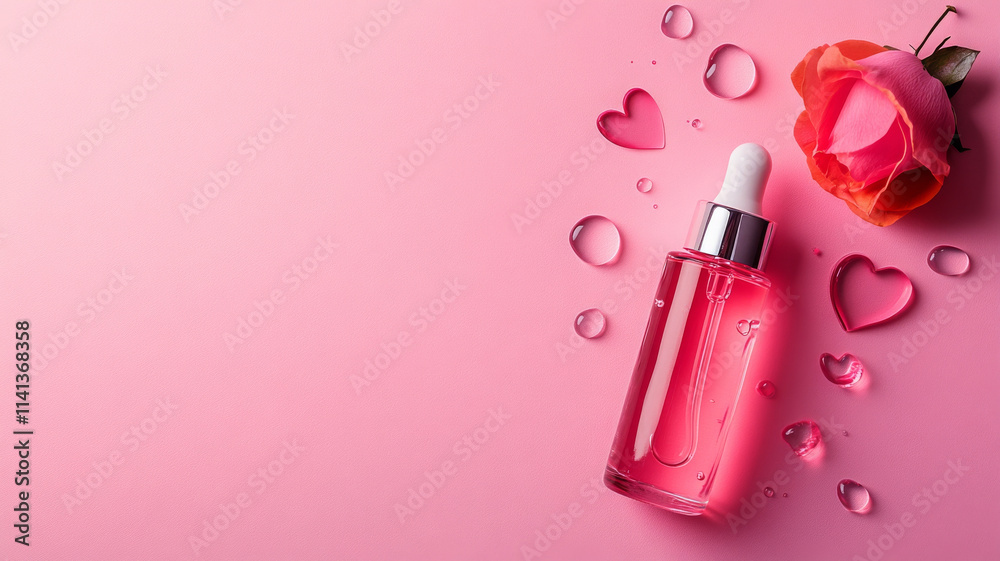 sleek skincare serum bottle with rose petals and hearts on pink sleek skincare serum bottle with rose petals and hearts on pink