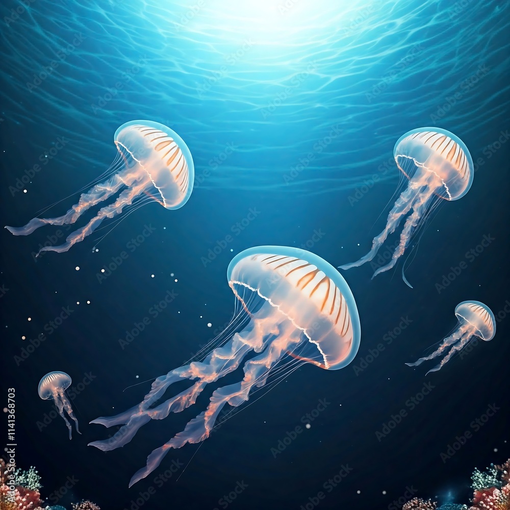 Naklejka premium floating glowing jellyfish in a tranquil ocean, glowing jellyfish, tranquil ocean, underwater wonder, luminous marine life, enchanting glow, surreal beauty, no people, aquatic elegance, captivating
