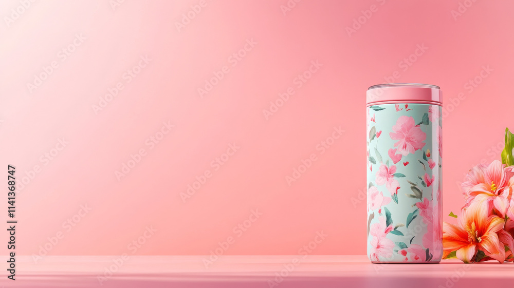 floral glass coffee tumbler on pink background, exuding elegance floral glass coffee tumbler on pink background, exuding elegance
