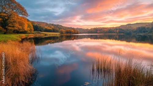 Serene autumn sunrise reflected in a calm lake, surrounded by colorful trees and reeds.