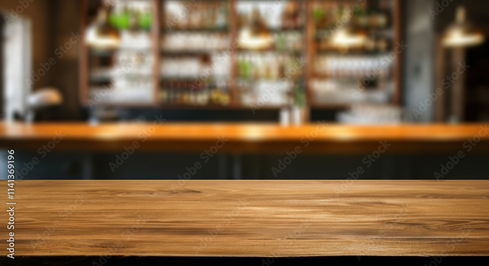 Wooden Tabletop with Blurred Bar Background Wooden Tabletop with Blurred Bar Background