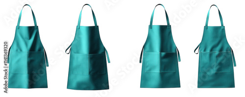 four turquoise aprons with pockets isolated on a transparent background they are angled in different directions photo