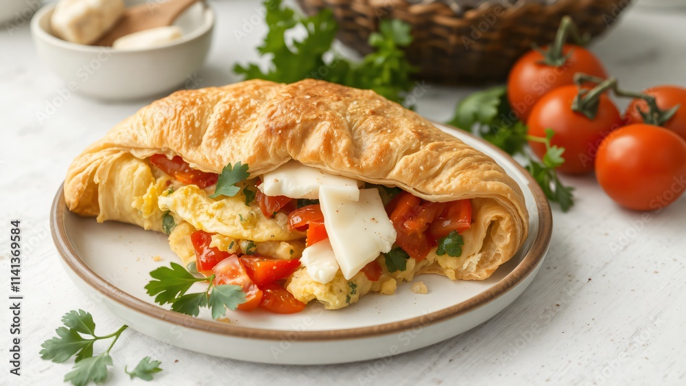 Delicious croissant filled with eggs, tomatoes, and herbs on a rustic table with fresh ingredients Delicious croissant filled with eggs, tomatoes, and herbs on a rustic table with fresh ingredients
