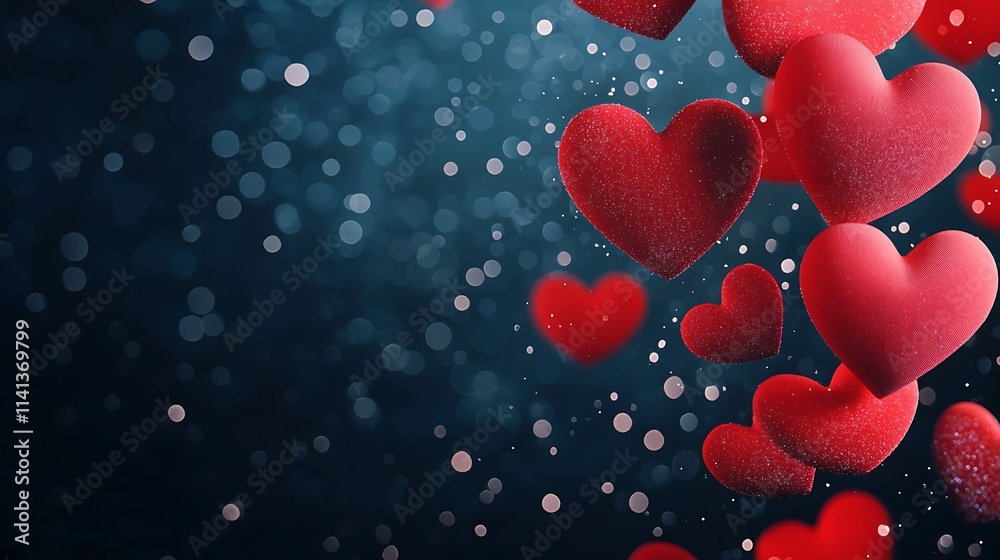 Obraz premium A serene background showcases floating red hearts, creating a romantic and dreamy atmosphere with a hint of sparkling elements.