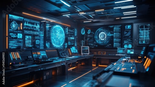 Futuristic control room with holographic displays and advanced technology.