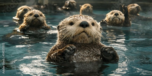 Playful Sea Otters Floating in Water with Kelp Forest Below