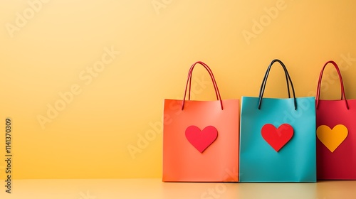 Three colorful gift bags with heart shapes on a bright yellow background, perfect for celebrations or special occasions.