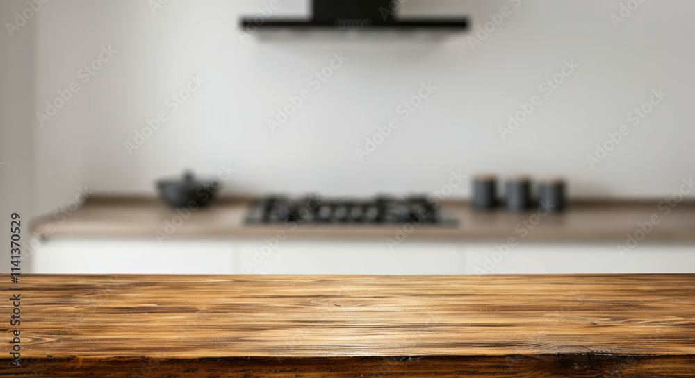 Obraz premium Wooden Tabletop with Blurred Modern Kitchen Background