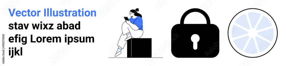 Woman reading while sitting on a box. Beside her, a lock and a wheel symbol. Ideal for security, privacy, navigation, technology, information education modern life themes. Landing page Woman reading while sitting on a box. Beside her, a lock and a wheel symbol. Ideal for security, privacy, navigation, technology, information education modern life themes. Landing page