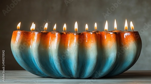 Rustic Ceramic menorah crafted from clay, featuring a rustic charm and vibrant glazes, displayed on a solid turquoise background. photo