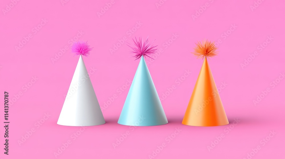 Three colorful party hats on a pink background. Three colorful party hats on a pink background.