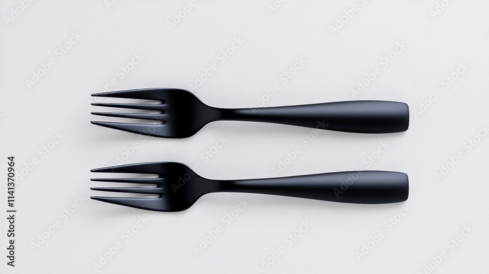 Two black forks placed parallel on a white background. Two black forks placed parallel on a white background.