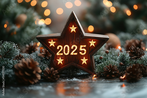 Photography of wood block number 2025 with bokeh lights in the background. This scene creates a festive atmosphere for New Year's Day.