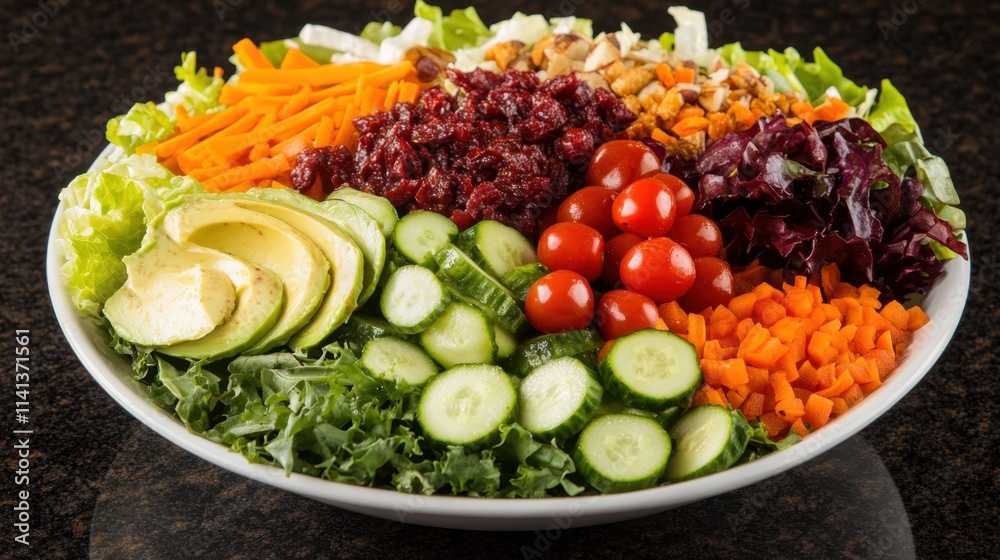 Vibrant salad bowl with fresh lettuce, cherry tomatoes, cucumbers, carrots, avocados, and olives on a dark kitchen countertop with cinematic lighting Vibrant salad bowl with fresh lettuce, cherry tomatoes, cucumbers, carrots, avocados, and olives on a dark kitchen countertop with cinematic lighting