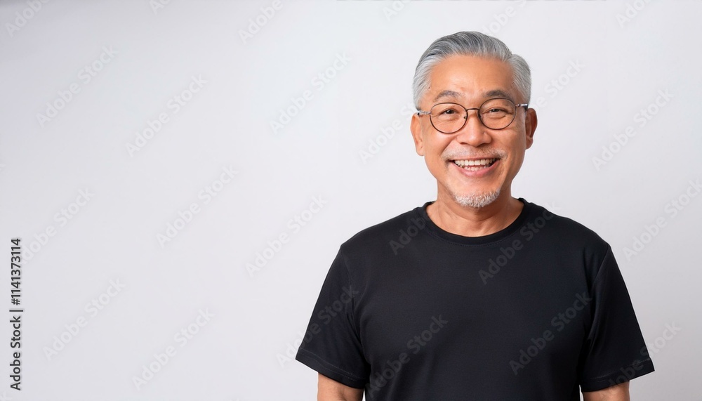 A cheerful retired man with a bright smile, wearing glasses and tshirt, standing against a white background. A cheerful retired man with a bright smile, wearing glasses and tshirt, standing against a white background.
