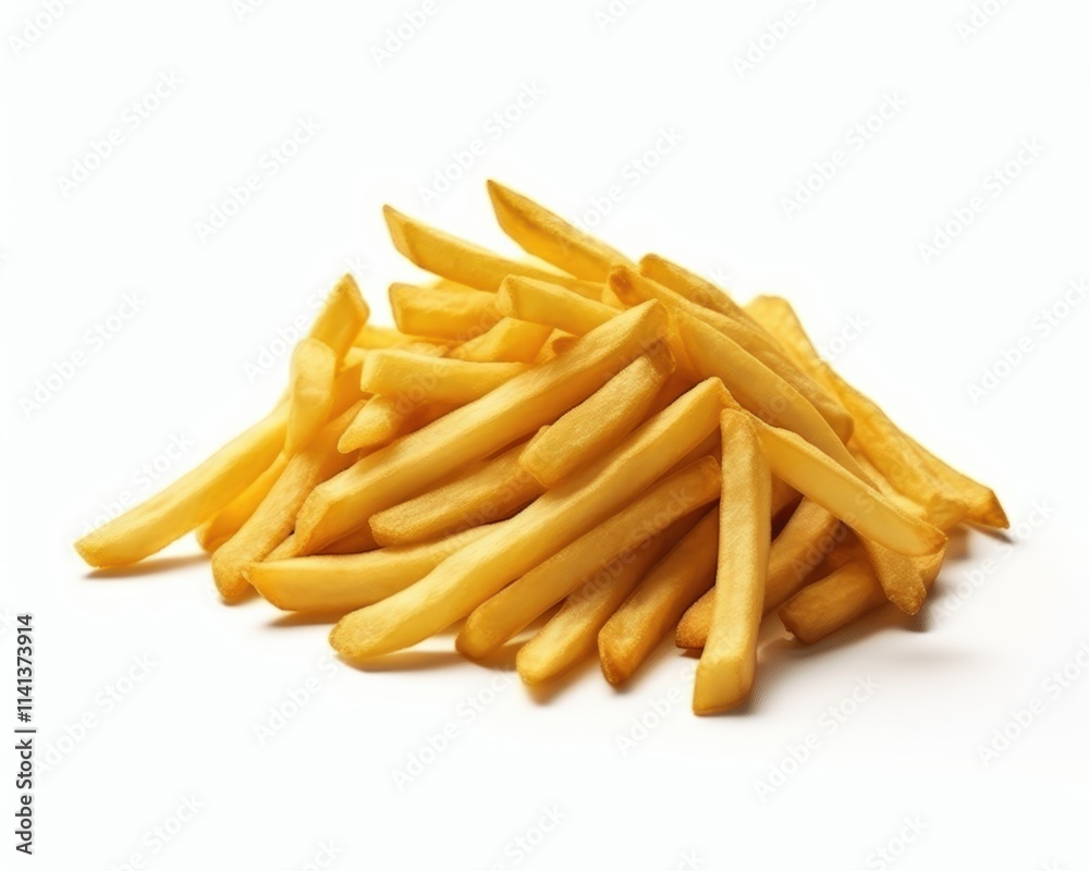 Freshly Cooked Golden French Fries Piled on a White Background Freshly Cooked Golden French Fries Piled on a White Background