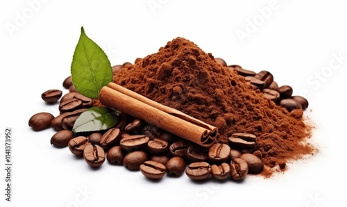 Wallpaper Mural Ground Coffee with Cinnamon Sticks, Coffee Beans and Green Leaves Torontodigital.ca