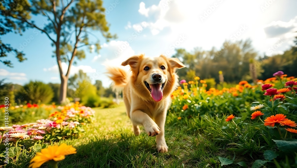 A happy dog running through a sunlit garden. A happy dog running through a sunlit garden.