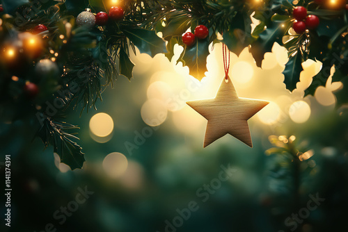 Photography of star ornaments decorations on the Christmas tree with festive atmosphere background.