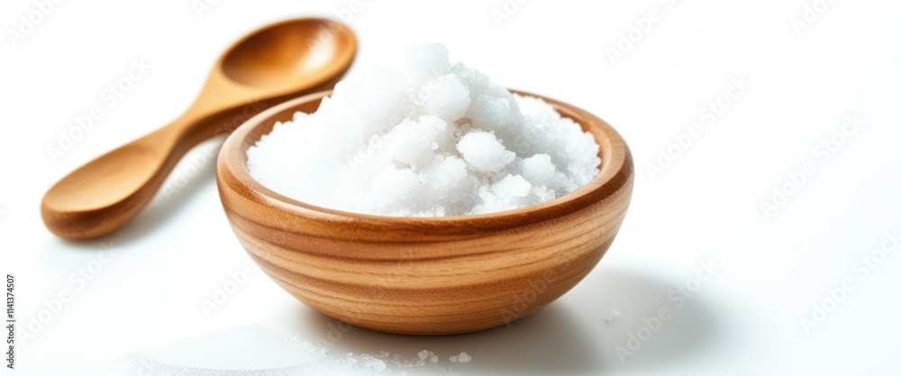 A photograph of a wooden bowl filled with white granulated sugar, placed on a white surface. The bowl has a smooth, polished texture and a small wooden spoon resting on the left side. The lighting is A photograph of a wooden bowl filled with white granulated sugar, placed on a white surface. The bowl has a smooth, polished texture and a small wooden spoon resting on the left side. The lighting is
