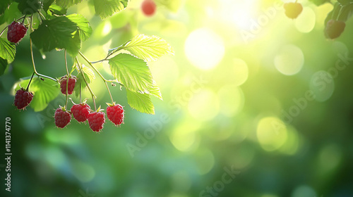branch of ripe raspberries in a garden on blurred green background , Generative ai