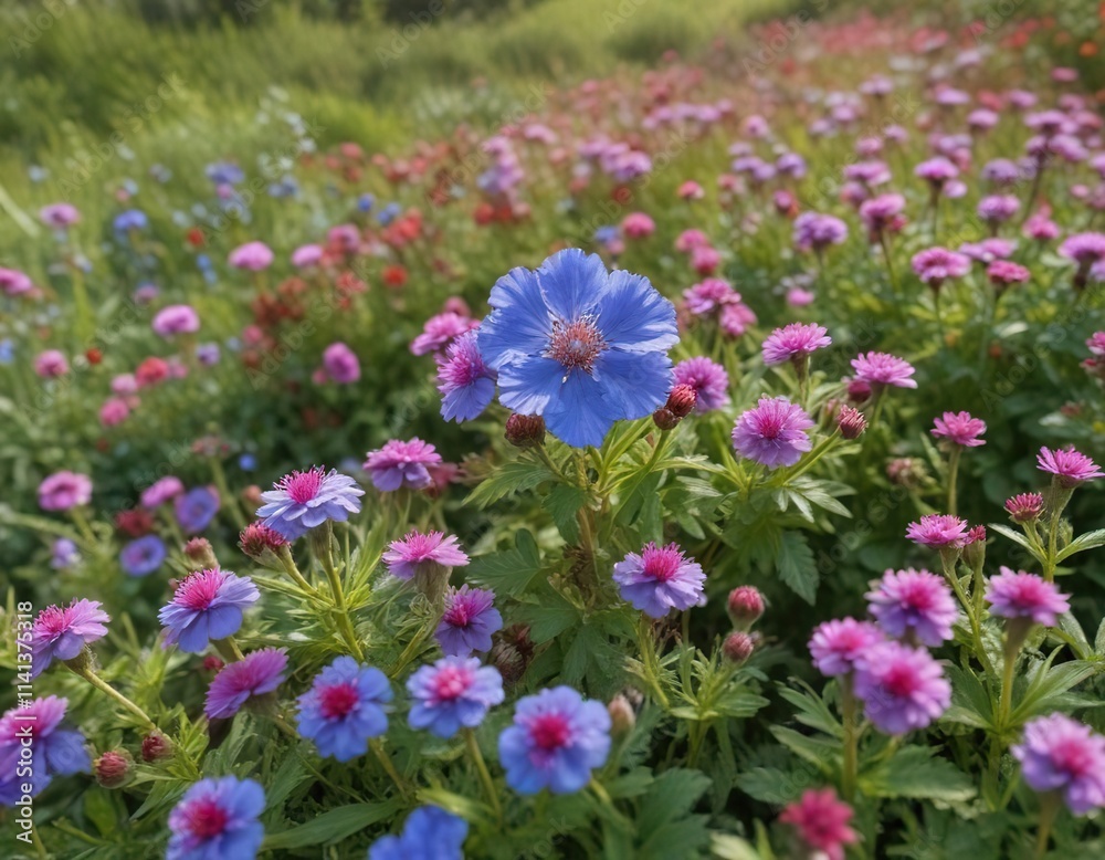 Fototapeta premium Ageratum blue in a meadow with Portulaca and empty space, ageratum, blue, background