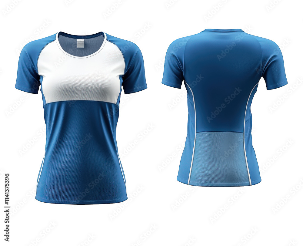 a white and blue women's athletic t-shirt mockup on a transparent background the t-shirt is shown from the front and back a white and blue women's athletic t-shirt mockup on a transparent background the t-shirt is shown from the front and back