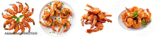 Collection of Assorted Delicious Cooked Shrimp Dishes on White Plates