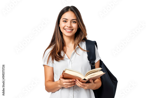Young beautiful college student with backpack and holding a book, isolated transparent background