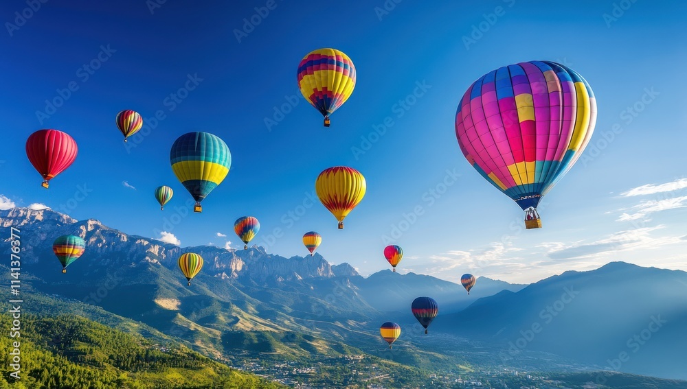 Obraz premium Hot Air Balloons Soaring Over Majestic Mountains