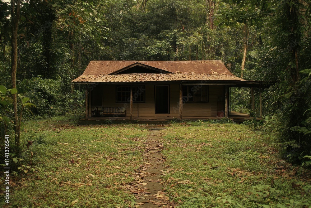 Rustic wooden house in a lush green forest, showing a path leading to its entrance. Ideal for illustrating themes of isolation, mystery, or nature's quiet power. Rustic wooden house in a lush green forest, showing a path leading to its entrance. Ideal for illustrating themes of isolation, mystery, or nature's quiet power.