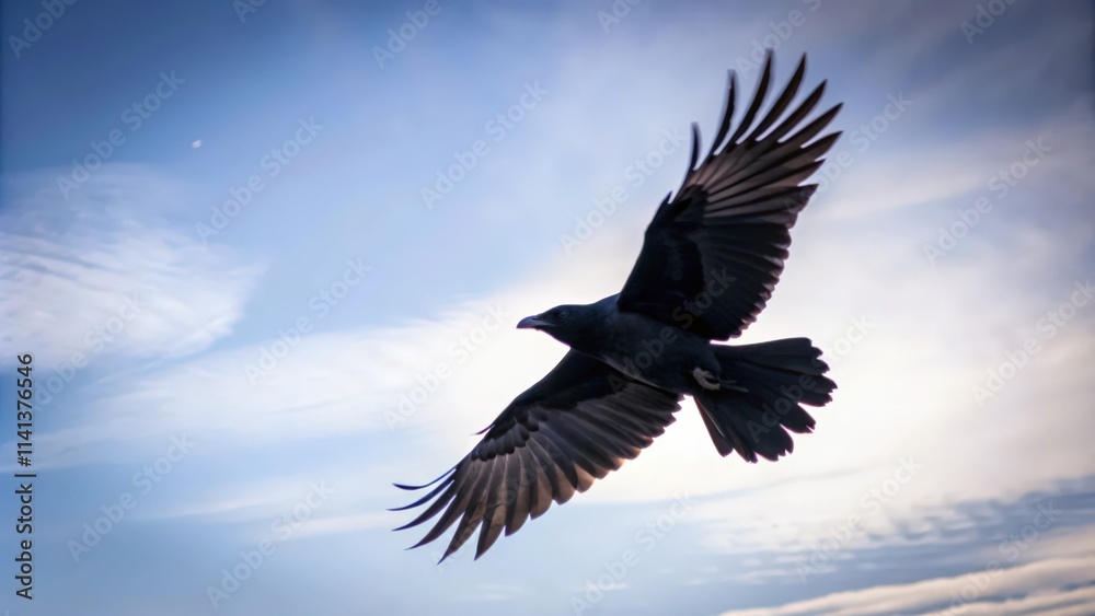 Obraz premium Black Crow in Flight Against a Blue Sky with Clouds