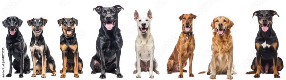 eight diverse breed dogs sitting and smiling against a transparent background they are all looking at the camera eight diverse breed dogs sitting and smiling against a transparent background they are all looking at the camera
