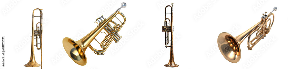 Obraz premium Collection of Various Styles of Brass Instruments on White Background Displayed