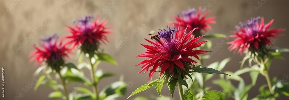 Bee balm flowers with vibrant red and purple colors against a neutral background , flower, purple, vibrant Bee balm flowers with vibrant red and purple colors against a neutral background , flower, purple, vibrant