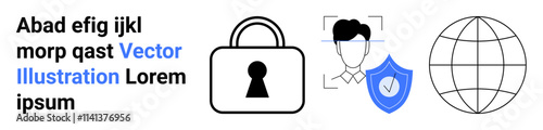 Lock icon, person with shield representing face recognition, and wireframe globe. Ideal for cybersecurity, online protection, privacy, data security, web safety, identity verification global