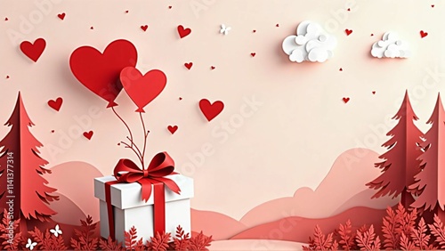 Valentine’s Day Concept with Heart-Shaped Balloon, Gift Box, and Love Theme on Pink Background