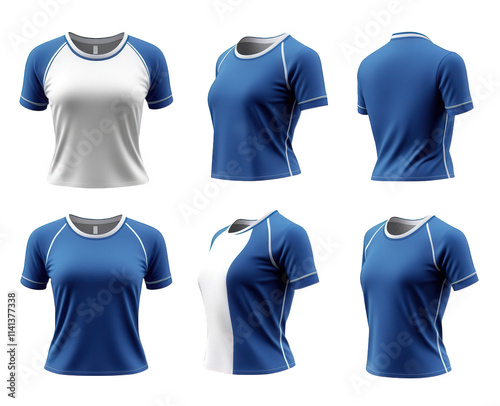 mockup of a women's t-shirt with short sleeves and a round neck in blue and white colors the shirt is shown from the front. side. and back the t-shirt has a white trim around the neck and sleeves photo