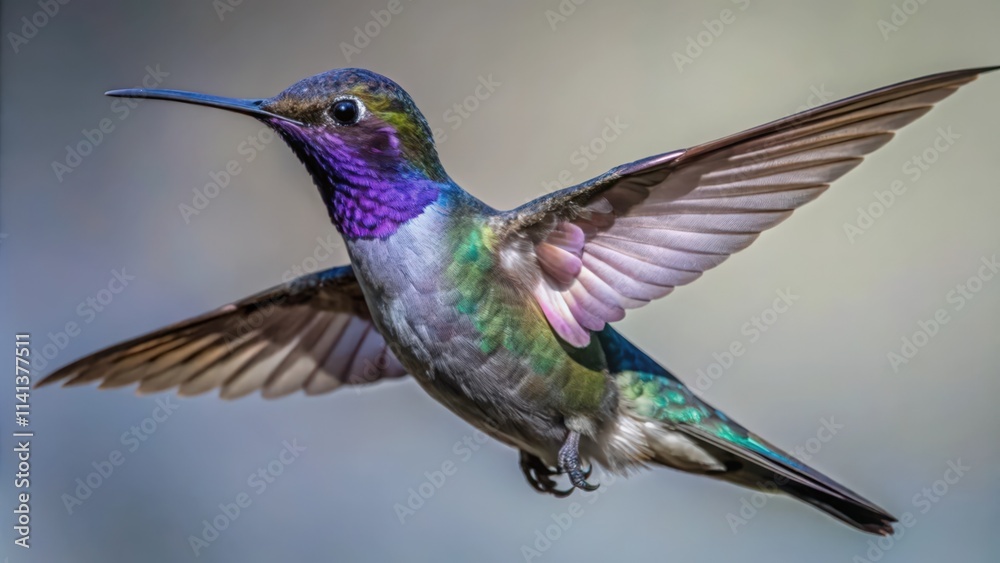A Vibrant Hummingbird in Flight, Showing Its Colorful Plumage and Delicate Wings A Vibrant Hummingbird in Flight, Showing Its Colorful Plumage and Delicate Wings