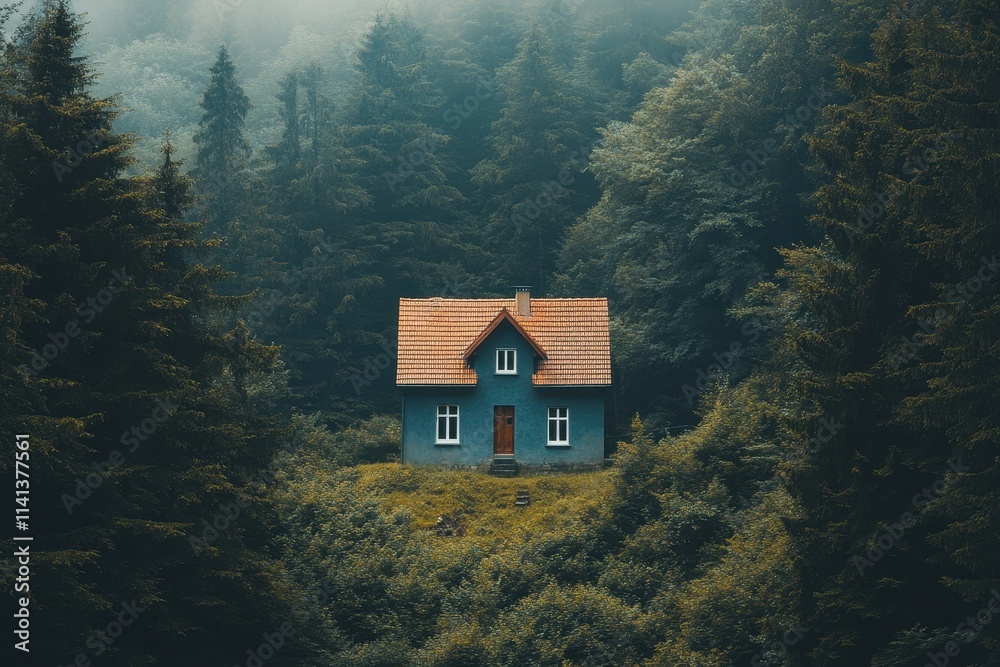 Secluded blue house nestled in lush green forest, orange roof. Perfect for illustrating tranquility, escape, or remote living concepts. Secluded blue house nestled in lush green forest, orange roof. Perfect for illustrating tranquility, escape, or remote living concepts.